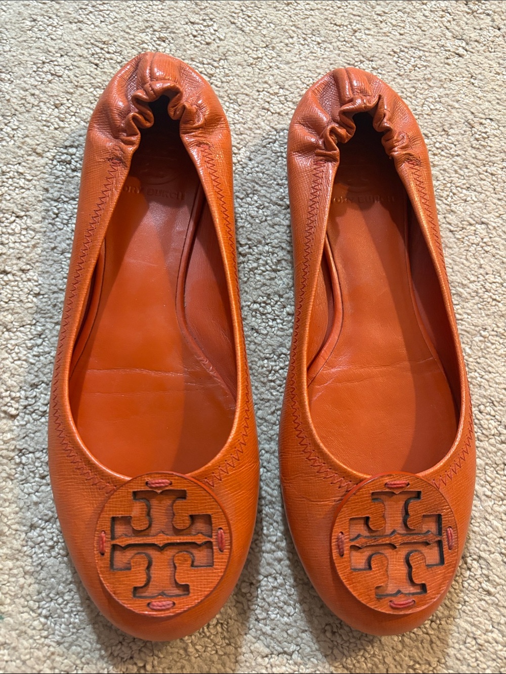 Tory Burch Burnt Orange Leather Logo Ballet Flats